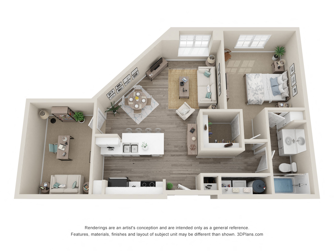 Floor plan for 1 bed, 1 bath, 910 sqft